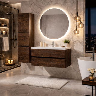 Prabangus vonios kambario interjeras su pakabinama tamsaus medžio spintele, aukšta šonine spinta, baltu praustuvu ir apvaliu LED veidrodžiu marmuro sienos fone.