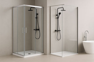 Moderni dušo zona – stiklinės dušo sienelės ir juodos dušo sistemos su minimališku vonios kambario dizainu.