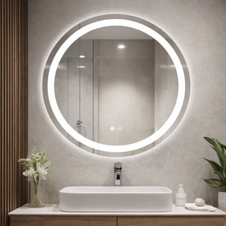 Apvalus sieninis veidrodis su integruotu LED apsvietimu virs praustuvo moderniame vonios kambaryje, svelnus foninis svytėjimas aplink remeli.