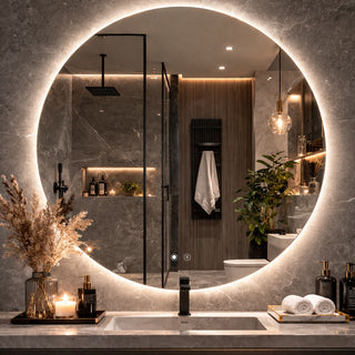 Tamsesnio tono vonios interjeras su marmuro sienomis, stikline dušo kabina ir dideliu apvaliu veidrodžiu su šilta šviesos juosta.