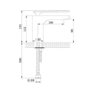 Kohlman Experience QB100E techninis brėžinys su aukščio, snapelio ir montavimo matmenimis.