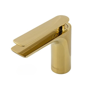 Blizgaus aukso spalvos praustuvo maišytuvas Kohlman Experience QB100EGD pavaizduotas iš arti.