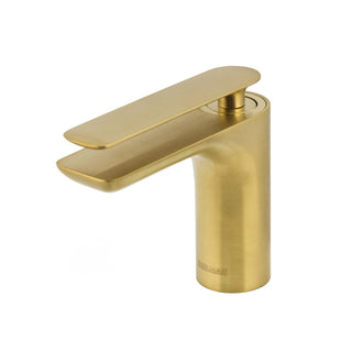 Šlifuoto aukso paviršiaus praustuvo maišytuvas Kohlman Experience QB100EGDB pavaizduotas iš arti.