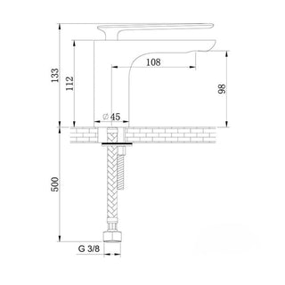 Šlifuoto aukso spalvos Kohlman Experience QB100EGDB maišytuvo techninis brėžinys su montavimo ir matmenų žymėjimu.