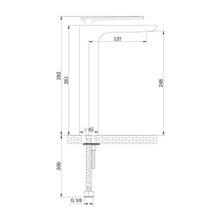 Kohlman Experience QB170E aukšto praustuvo maišytuvo techninis brėžinys su nurodytais matmenimis ir montavimo schema.