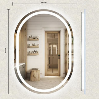Vertikaliai montuojamas ovalus veidrodis su LED juosta, parodyti 60 cm plotis ir 80 cm aukstis bei plonas soninis profilis.