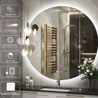 Modernus veidrodis su jutikliniais valdymo elementais, rodantis kontrasto, rasojimo ir apsvietimo nustatymų galimybes.