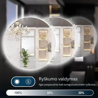 Apvalus sieninis veidrodis su trimis apsvietimo lygiais 100, 60 ir 20 procentu, parodytas lietimo mygtukas ir sviesos intensyvumo keitimas.