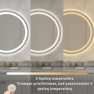 Veidrodis su pasirinkimu tarp 6000K, 4500K ir 3000K apsvietimo, pavaizduoti skirtingi sviesos atspalviai nuo saltos iki silto tono.