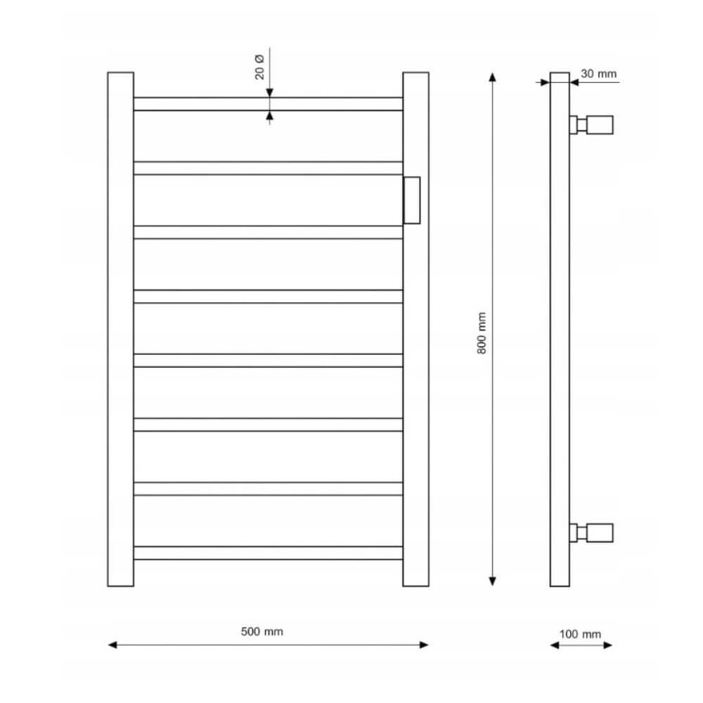 Elektrinio Vonios Radiatoriaus ″EBERG″ linijinis brėžinys iš voniosoaze.lt, idealiai tinka skalbiniams džiovinimui, demonstruojantis priekinį ir šoninį vaizdą. Priekiniame vaizde rodomos horizontalios šildytuvo juostos, įrėmintos vertikaliai. Šoniniame vaizde pateikiamos storio detalės. Matmenys pažymėti: aukštis 800 mm, plotis 500 mm, gylis 100 mm ir 30 mm atstumas.