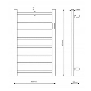 Elektrinio Vonios Radiatoriaus ″EBERG″ linijinis brėžinys iš voniosoaze.lt, idealiai tinka skalbiniams džiovinimui, demonstruojantis priekinį ir šoninį vaizdą. Priekiniame vaizde rodomos horizontalios šildytuvo juostos, įrėmintos vertikaliai. Šoniniame vaizde pateikiamos storio detalės. Matmenys pažymėti: aukštis 800 mm, plotis 500 mm, gylis 100 mm ir 30 mm atstumas.