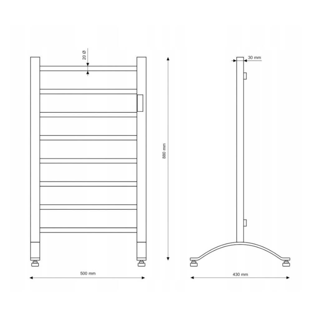 voniosoaze.lt elektrinio Vonios Radiatoriaus ″EBERG″ techninis brėžinys skalbinių džiovinimas. Priekiniame vaizde rodomas stačiakampis rėmas su penkiomis horizontaliomis juostomis. Matmenys pažymėti: 500 mm pločio ir 800 mm aukščio. Šoniniame vaizde rodomas 30 mm gylis, o pagrindo atramos matmenys – 430 mm pločio.