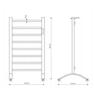 voniosoaze.lt elektrinio Vonios Radiatoriaus ″EBERG″ techninis brėžinys skalbinių džiovinimas. Priekiniame vaizde rodomas stačiakampis rėmas su penkiomis horizontaliomis juostomis. Matmenys pažymėti: 500 mm pločio ir 800 mm aukščio. Šoniniame vaizde rodomas 30 mm gylis, o pagrindo atramos matmenys – 430 mm pločio.