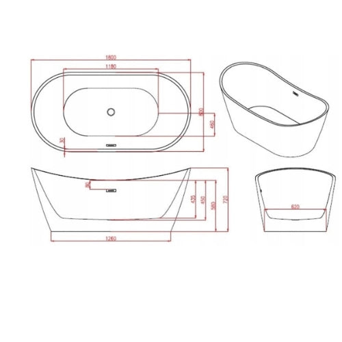 Linijinis laisvai pastatomos vonios brėžinys su įvairiais vaizdais. Iš viršaus matyti 1850 mm ilgio, 820 mm pločio viršuje ir 1300 mm viduryje. Šoninis ir priekinis vaizdas išryškina jo lenktą formą ir matmenis, su papildomomis skerspjūvio detalėmis, žadančius prabangią maudymosi patirtį šioje voniosoaze.lt Akrilo Masės Vonia ″Arbo″.