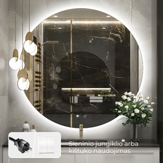 Vonios veidrodis su galimybe jungti per sienini jungikli arba elektros lizda, vaizduojamas su pavyzdiniais prijungimo variantais.