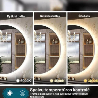 Palyginimas tarp ryskiai baltos 6000K, naturalaus balto 4500K ir silto balto 3000K sviesos, matomi skirtingi atspalviai interjere.