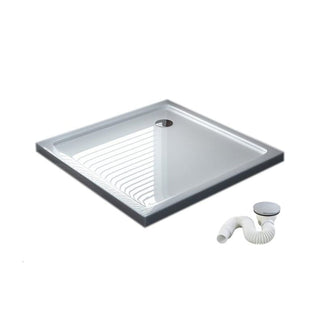 Zemo profilio akrilinis duso padeklas su integruotu nuolydziu ir salia padetu sifonu, perspektyvinis vaizdas.