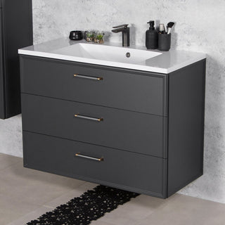 Antracito spalvos vonios spintelė ANTE iš šoninio kampo su praustuvu