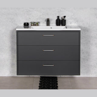 Priekinis antracito spalvos vonios spintelės ANTE vaizdas su trimis stalčiais