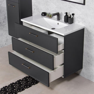 Antracito spalvos vonios spintelė ANTE su ištrauktais stalčiais ir baltu praustuvu