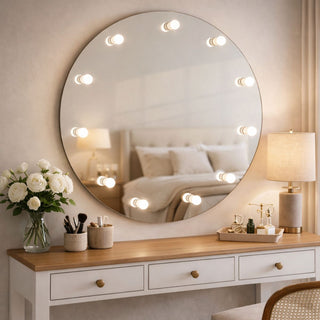 Apšviestas apvalus veidrodis virš balto kosmetinio staliuko šviesiame miegamojo interjere su staline lempa ir dekoratyviniais indeliais.