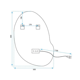 Asimetrinio veidrodzio techniniu matmenu schema su pakabinimo ir maitinimo laidu