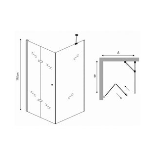 Dušo kabinos brėžinys su aukščio ir pločio matmenimis