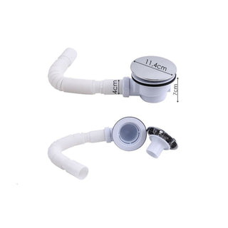 Duso padeklo sifonas su lanksciu vamzdziu, chromuotu kamciu ir matmenimis, skirtas 90 mm nutekejimo angai.