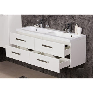 Vonios spintelė su dvigubu praustuvu ir išstumtais keturiais stalčiais, vaizdas iš šono.