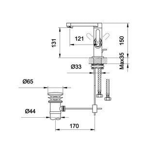 Kohlman Boxine praustuvo maišytuvo techninis brėžinys su matmenimis, montavimo anga ir kamštelio mechanizmu.