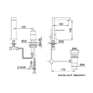Kohlman Excelent dviejų skylių maišytuvo techninis brėžinys su matmenimis ir montavimo schema.