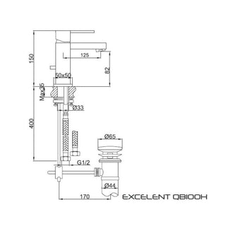 Kohlman Excelent maišytuvo techninis brėžinys su matmenimis, prijungimo žarnomis ir kamštelio mechanizmu.