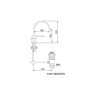 Kohlman Axis QB205N dvieju skyliu maisytuvo techninis brezinys su ismatuotais parametrais.