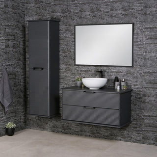 Vonios baldų komplektas Libra 100 cm antracito spalvos su praustuvu, veidrodžiu ir aukšta spintele.