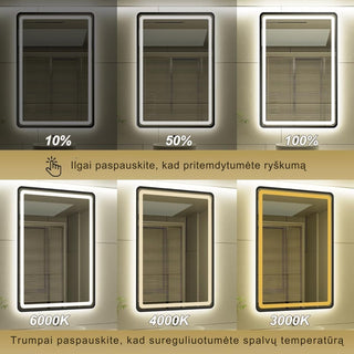 LED veidrodis su pritemdymo ir spalvos temperatūros reguliavimo funkcijomis nuo 3000K iki 6000K