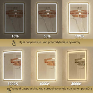 LED veidrodis su auksiniu rėmu, pritemdymo ir spalvos temperatūros reguliavimo funkcijomis nuo 3000K iki 6000K
