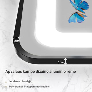 LED veidrodis su juodu aliuminio rėmeliu ir užapvalintais kampais