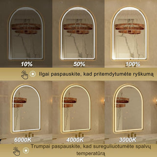 LED veidrodis su reguliuojamu ryškumu ir skirtingomis šviesos spalvomis