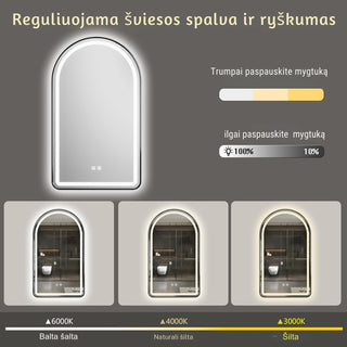 Pusiau ovalus LED veidrodis su reguliuojama šviesos spalva ir ryškumu