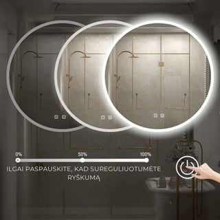 Apskritas LED veidrodis su trimis ryškumo lygiais ir jutikliniu įjungimo mygtuku vonios kambaryje.