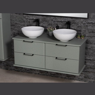 Salaviju spalvos Libra 120 cm spintele su dviem apvaliomis kriauklemis ir juodais maisytuvais.