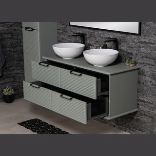 Libra 120 cm salaviju spalvos spintele su atidarytais stalciais ir dviem baltomis kriauklemis.