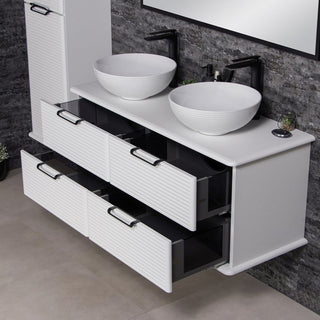 Libra 120 balta spintele su atidarytais stalciais ir dviem dubens formos praustuvais.