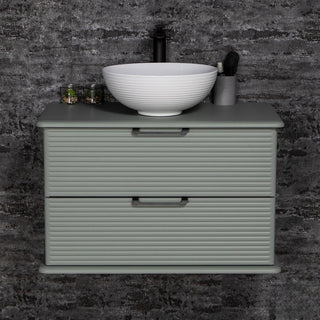 Libra 80 cm salaviju spalvos spintele su dviem stalciais ir balta apvalia kriaukle ant tamsaus fono.