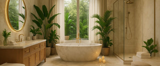 Modernus ir prabangus vonios kambarys su LED veidrodžiu, laisvai stovinčia vonia, žaliais augalais ir šiltomis auksinėmis detalėmis.