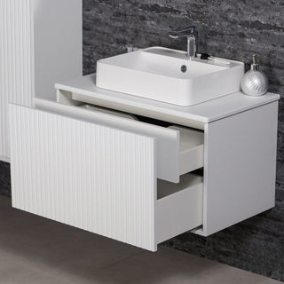 TRETTO 80 cm balta vonios spintelė su atidarytais stalčiais ir praustuvu.