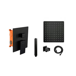 Dušo komplekto dalys: lietaus galva, rankinis dušelis, laikiklis ir žarna