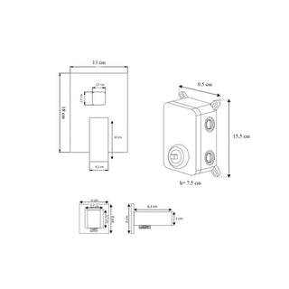 Dušo komplekto techninių matmenų schema su maišytuvo ir EBOX išmatavimais