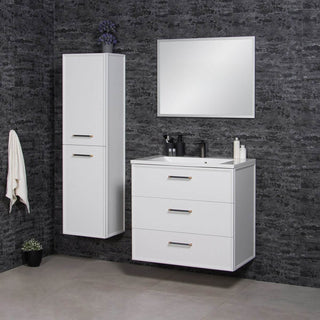 Pakabinamu vonios baldu ANTE 80 cm komplektas su auksta spintele ir veidrodziu moderniame interjere