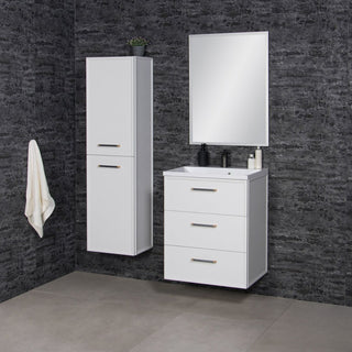 Pakabinamu vonios baldu ANTE komplektas su spintele, veidrodziu ir auksta spintele moderniame interjere